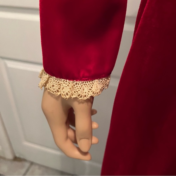 1960 Red Velvet Long Christmas Dress Lace Trim Lind Sleeve - Picture 6 of 10